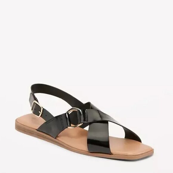 NWT Old Navy Women Size 7 Faux Leather Black Jack Cross-Strap Buckled Sandals - Picture 2 of 8